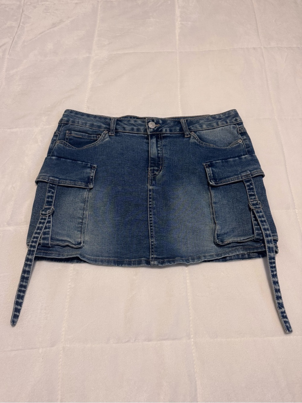 Denim Cargo Mini Skirt in Blue Wash